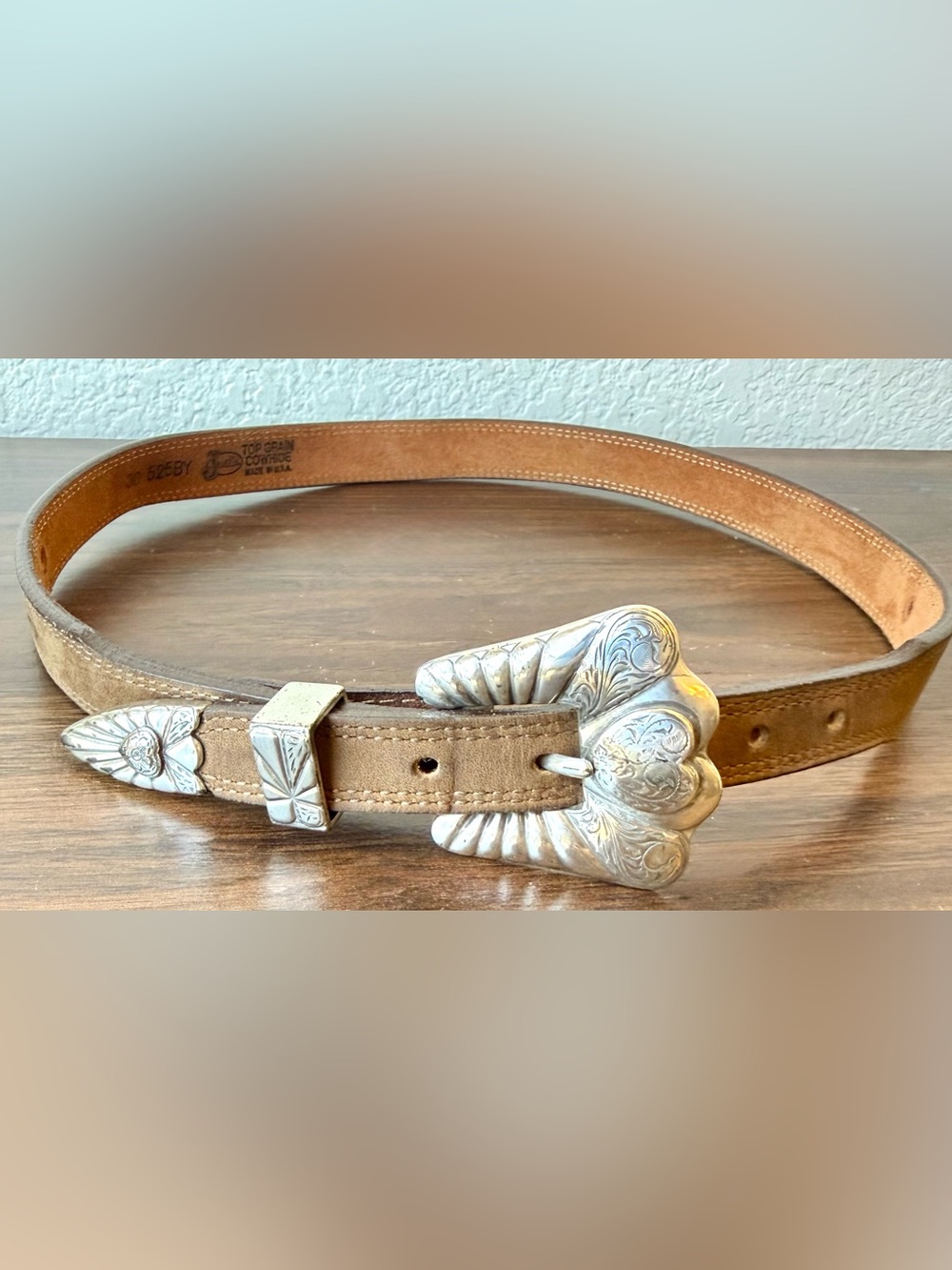 Justin Boots Brown Leather Belt with Ornate Silver Western Buckle